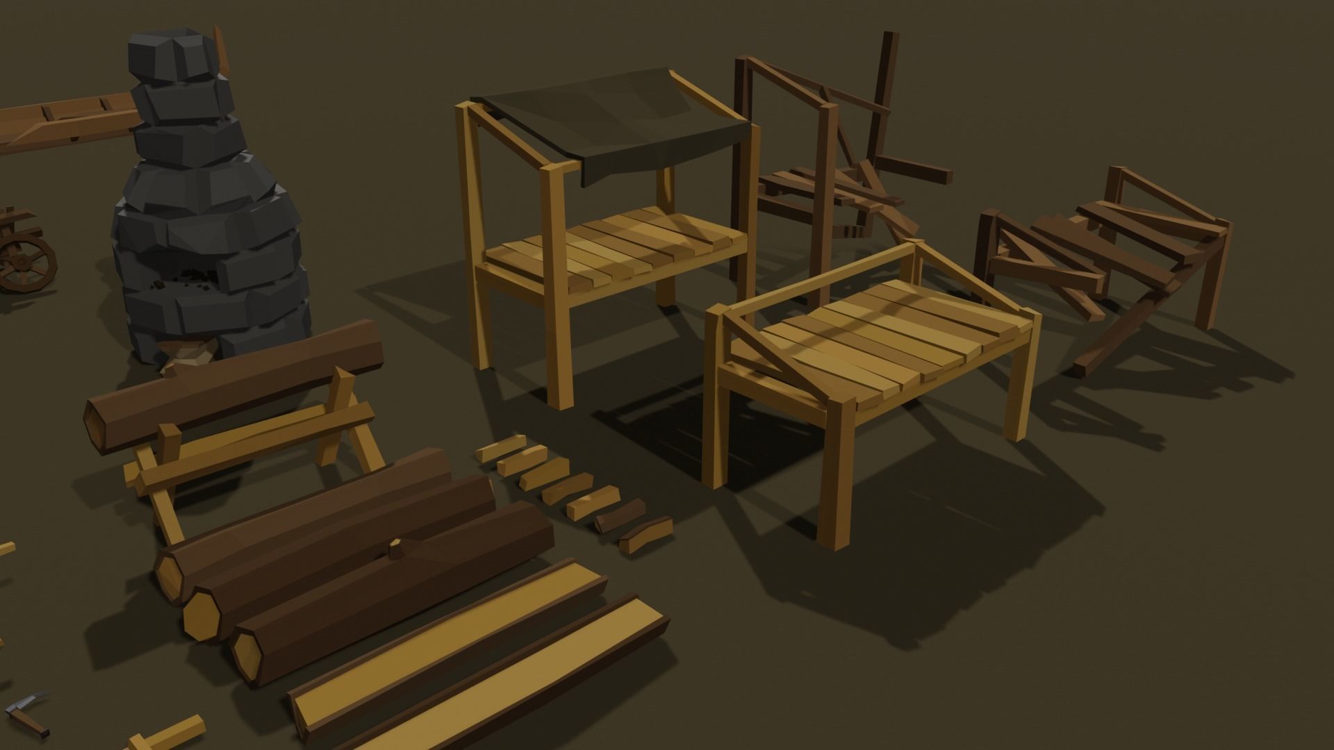 Low-Poly Pack 2 wooden carts and wagons Low-poly 3D model_4