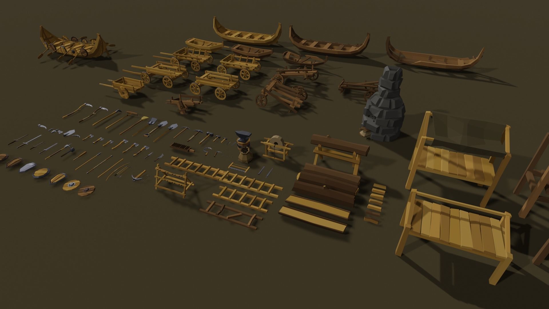 Low-Poly Pack 2 wooden carts and wagons Low-poly 3D model_3