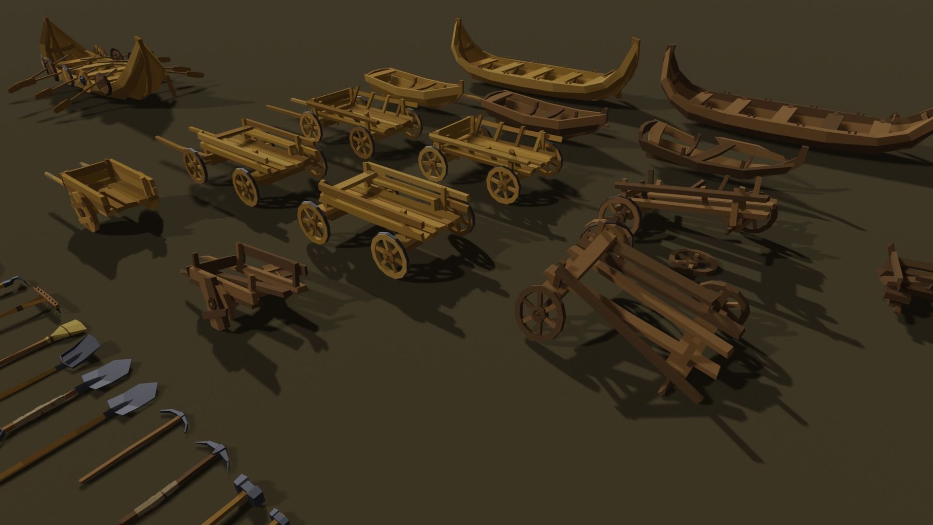 Low-Poly Pack 2 wooden carts and wagons Low-poly 3D model_11