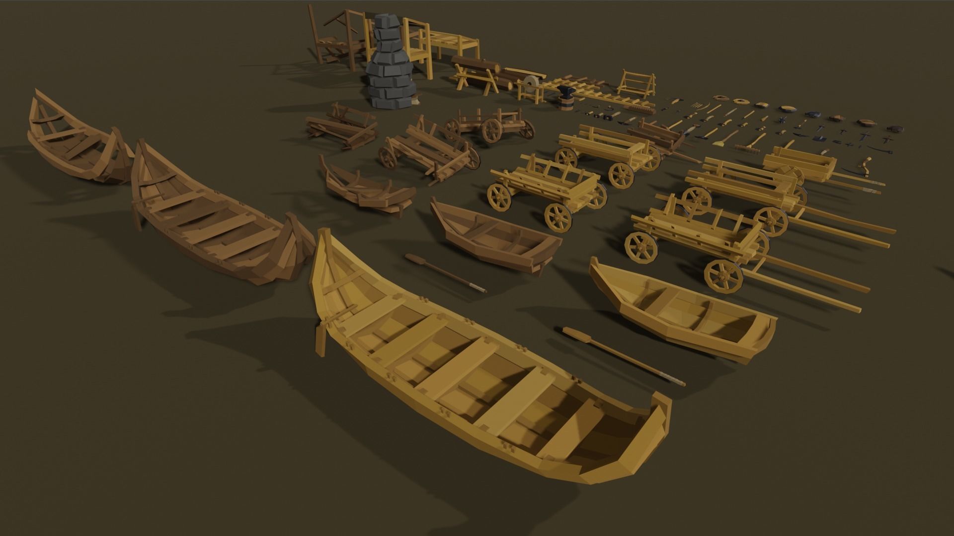 Low-Poly Pack 2 wooden carts and wagons Low-poly 3D model_1