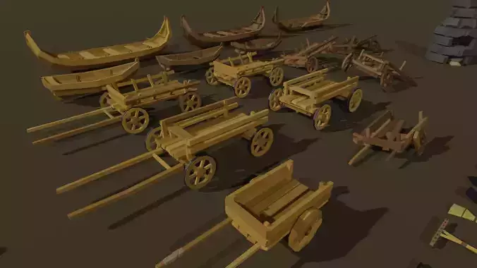 Low-Poly Pack 2 wooden carts and wagons