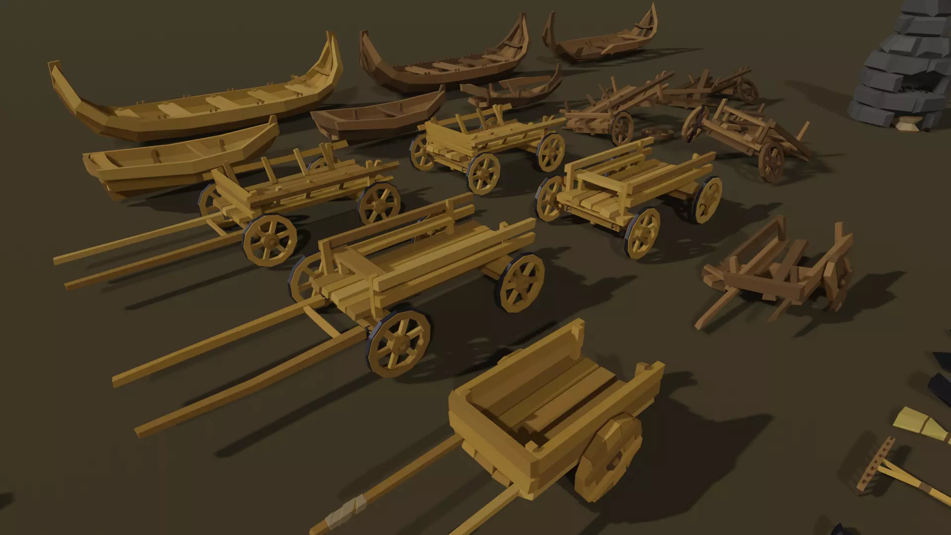 Low-Poly Pack 2 wooden carts and wagons Low-poly 3D model_0