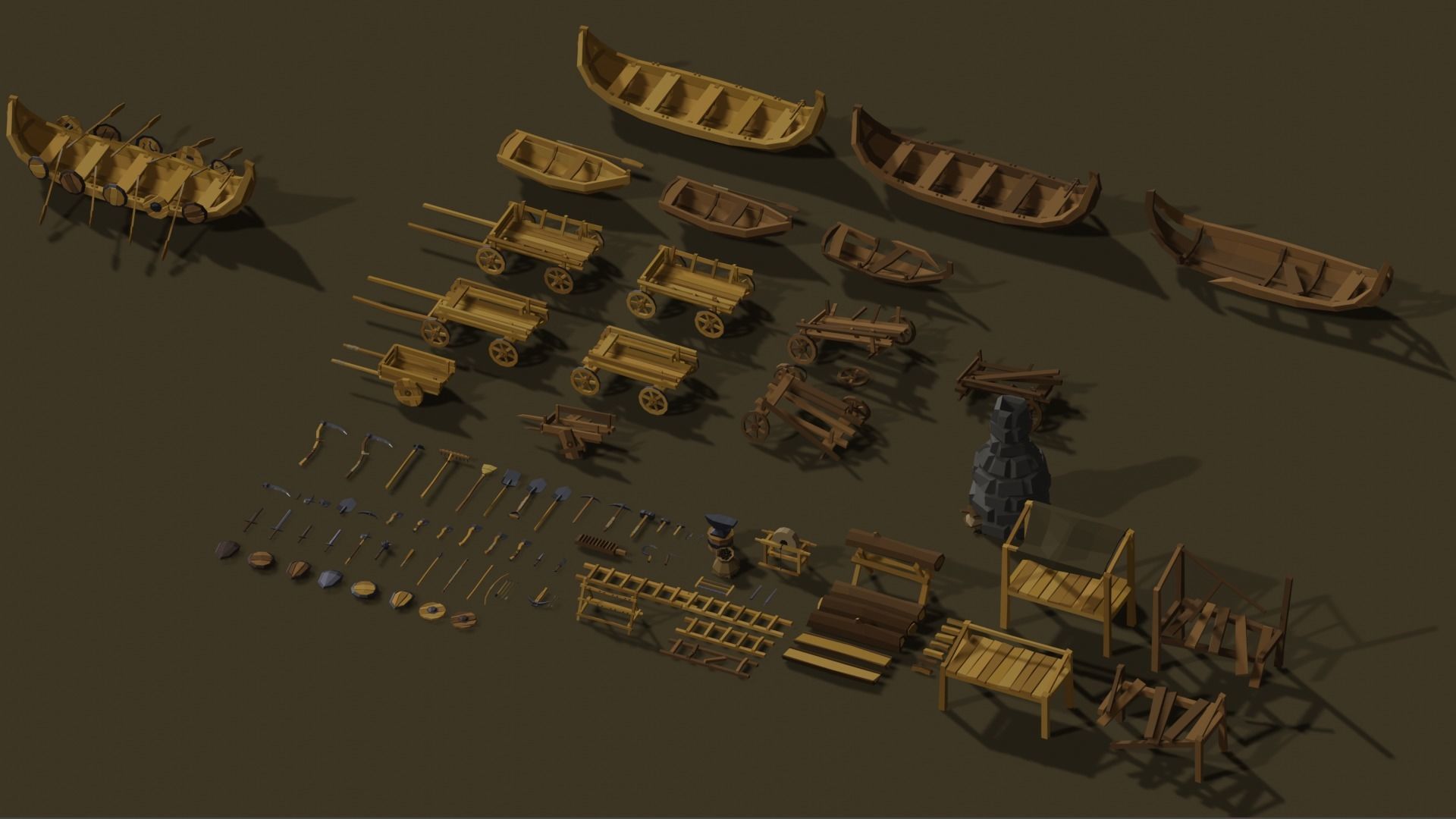 Low-Poly Pack 2 wooden carts and wagons Low-poly 3D model_12
