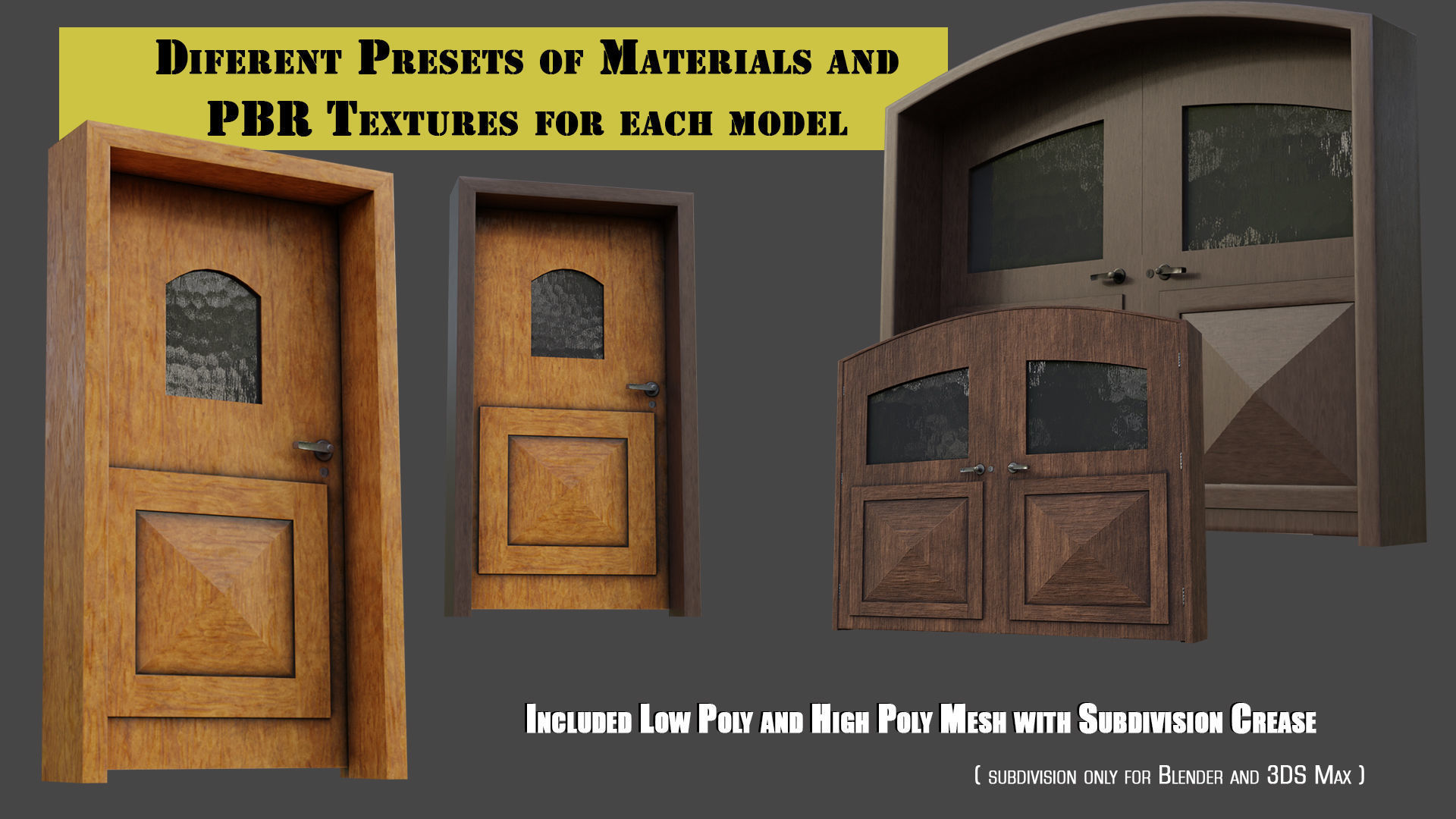 Kit of Vintage Doors with Glass Window PBR Options Textures Low-poly 3D model_1
