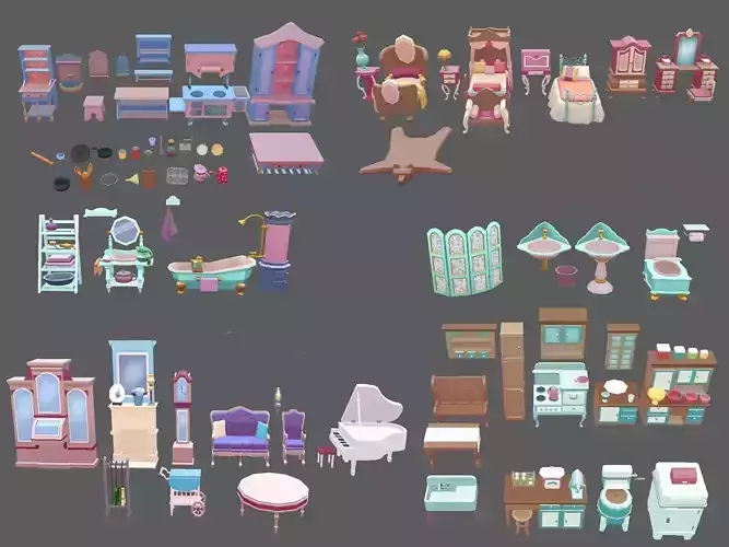 Stylized Low Poly Cartoon Vintage Interior Pack