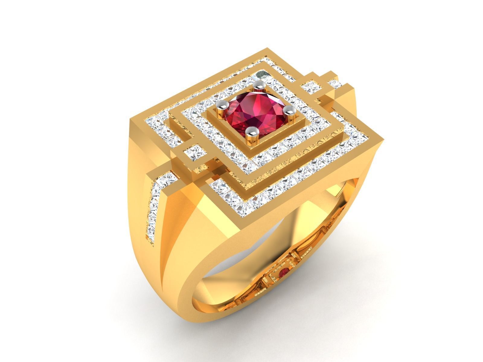 ring-3312 gold ring with ruby stone and diamonds 3D print model_1