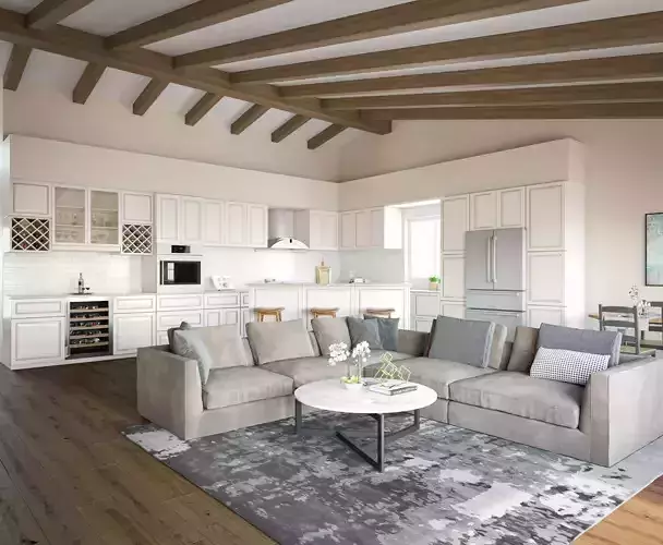 Kitchen render modern and living room with vaulted ceilings