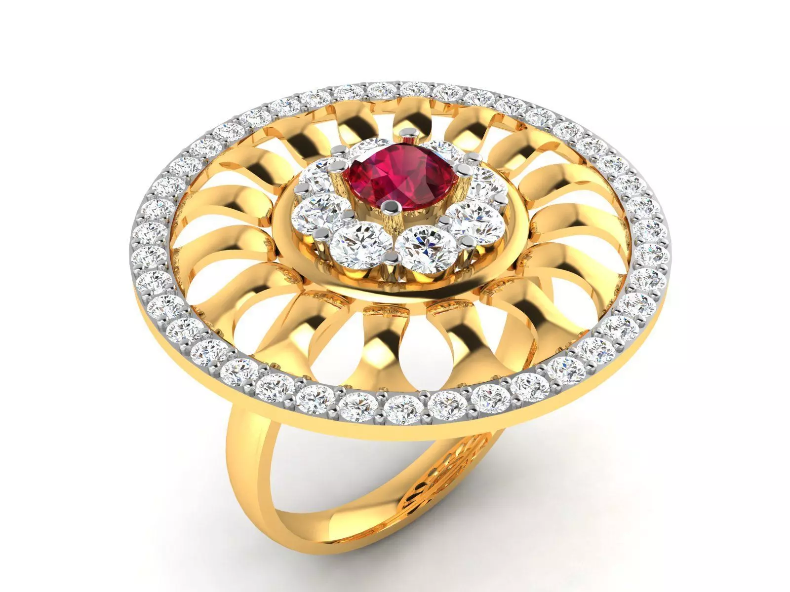 ring-4516 gold ring with ruby stone and diamonds 3D print model_0