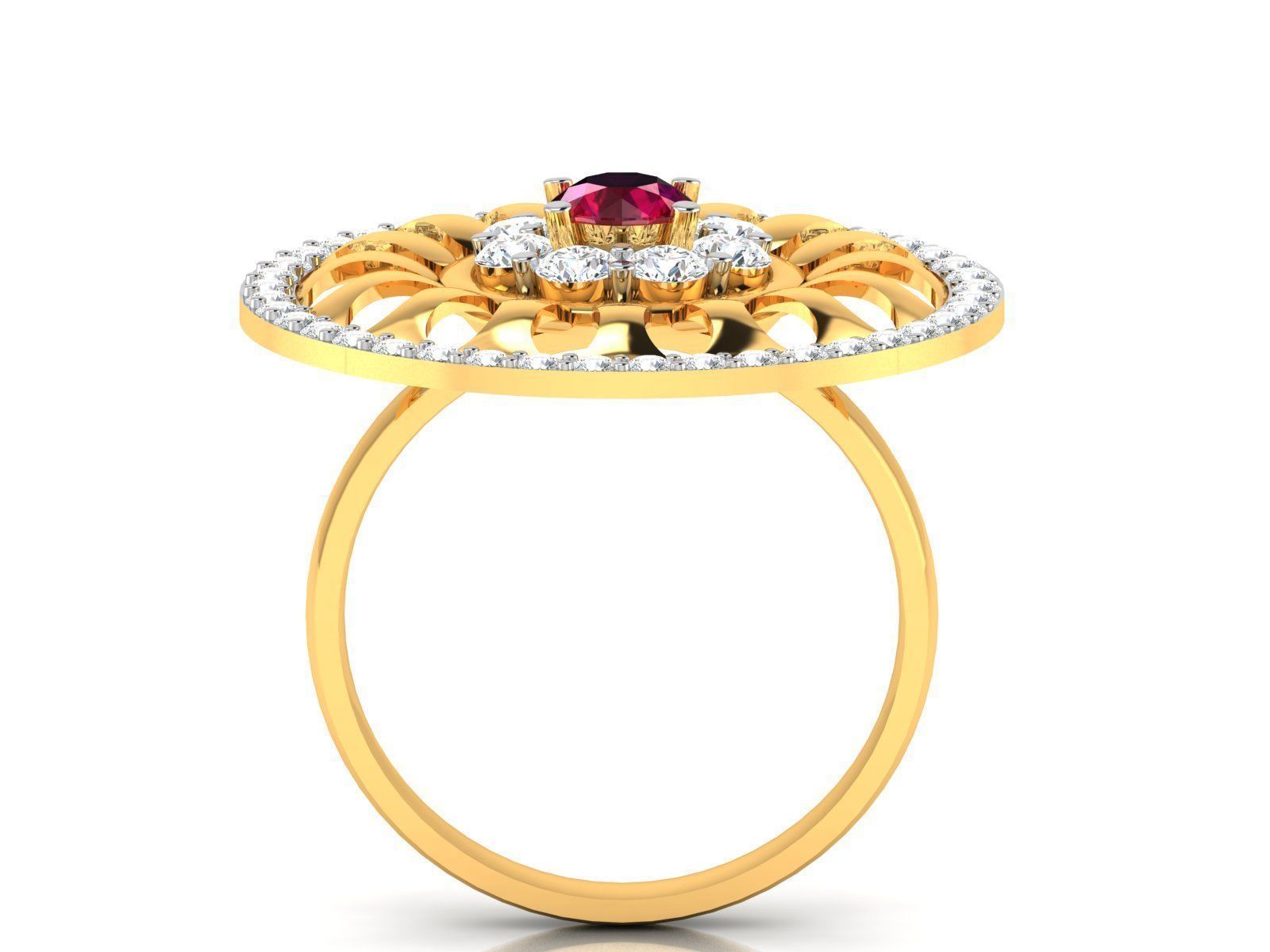 ring-4516 gold ring with ruby stone and diamonds 3D print model_2
