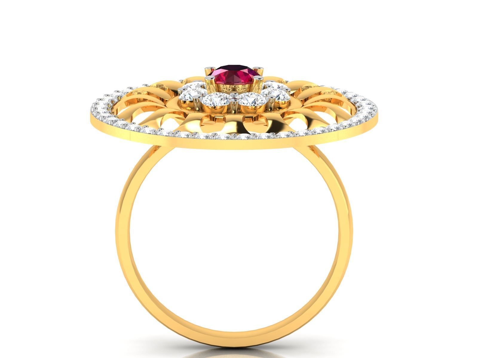 ring-4516 gold ring with ruby stone and diamonds 3D print model_3