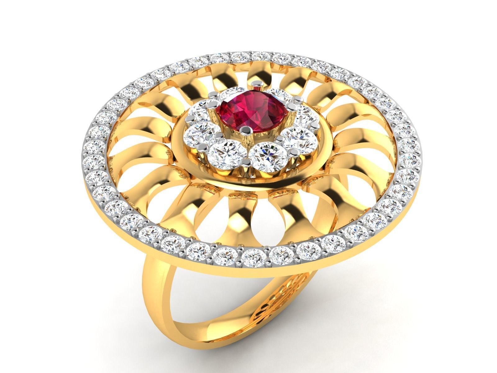 ring-4516 gold ring with ruby stone and diamonds 3D print model_1