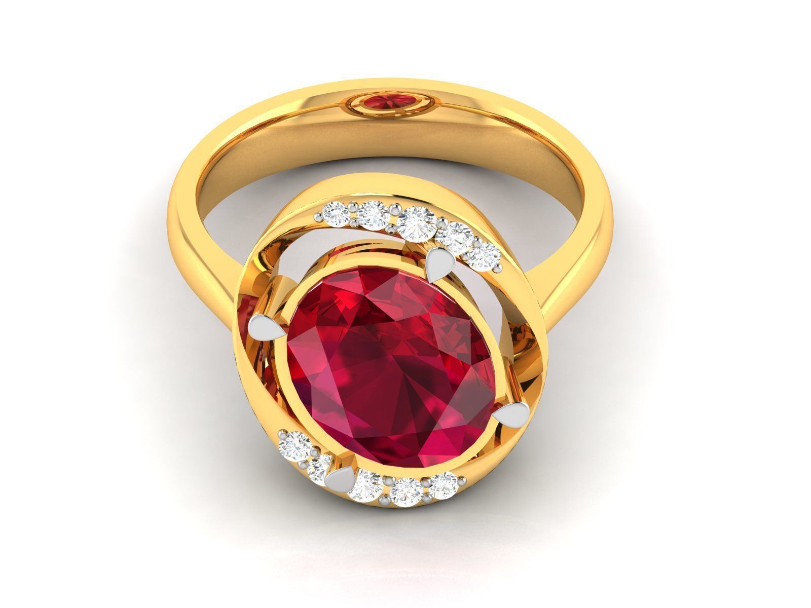 ring-4225 gold ring with ruby stone and diamonds 3D print model_7