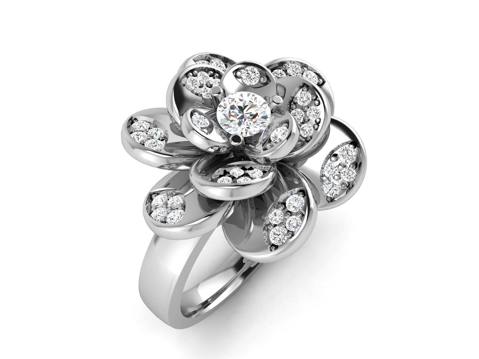 ring-4100 gold flower ring with diamonds 3D print model_1