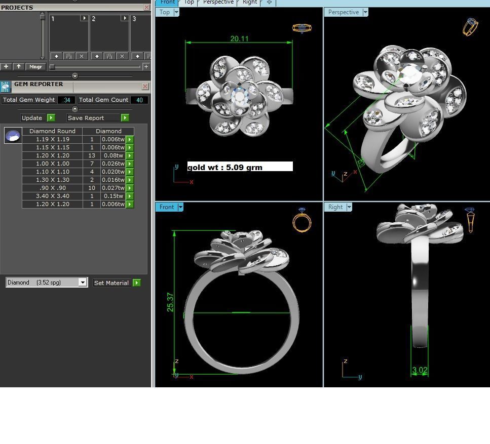 ring-4100 gold flower ring with diamonds 3D print model_8