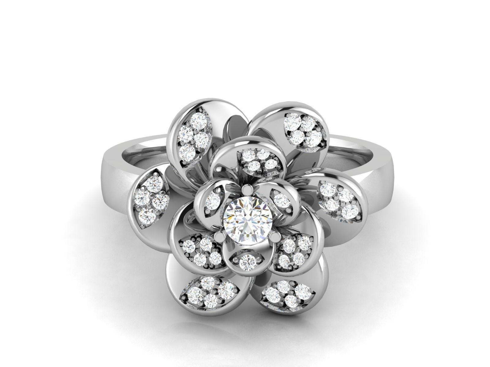 ring-4100 gold flower ring with diamonds 3D print model_7