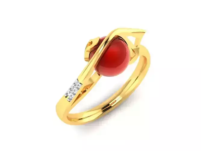 ring-7672 gold ring with coral stone and diamonds
