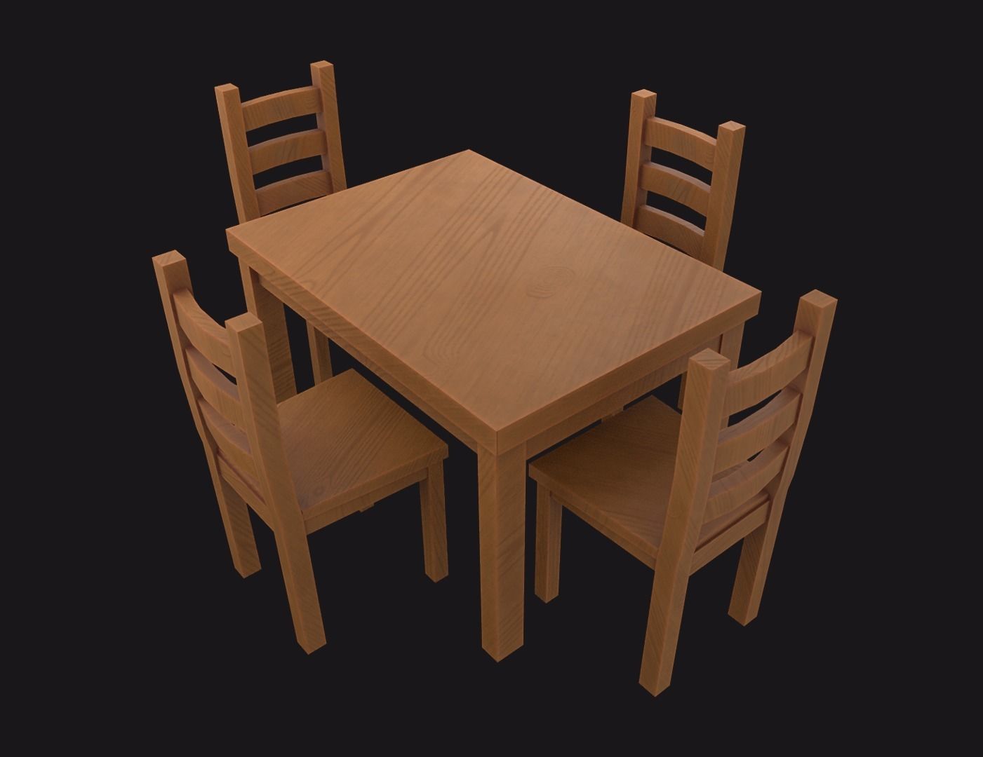 Dining Set four wooden chairs and table Low-poly 3D model_4