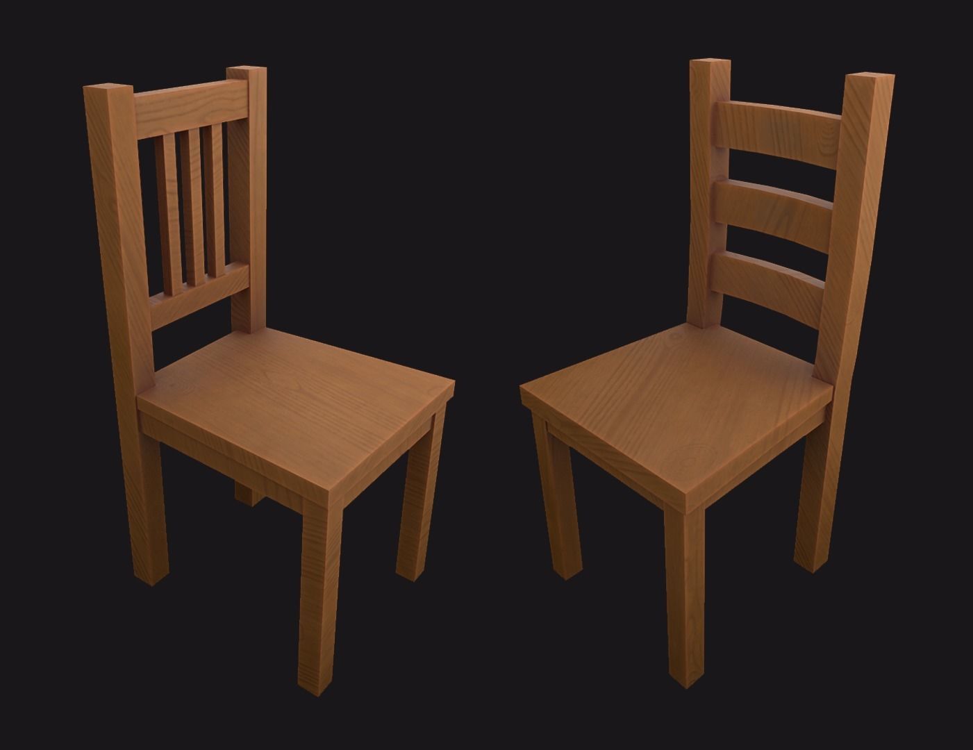 Dining Set four wooden chairs and table Low-poly 3D model_1
