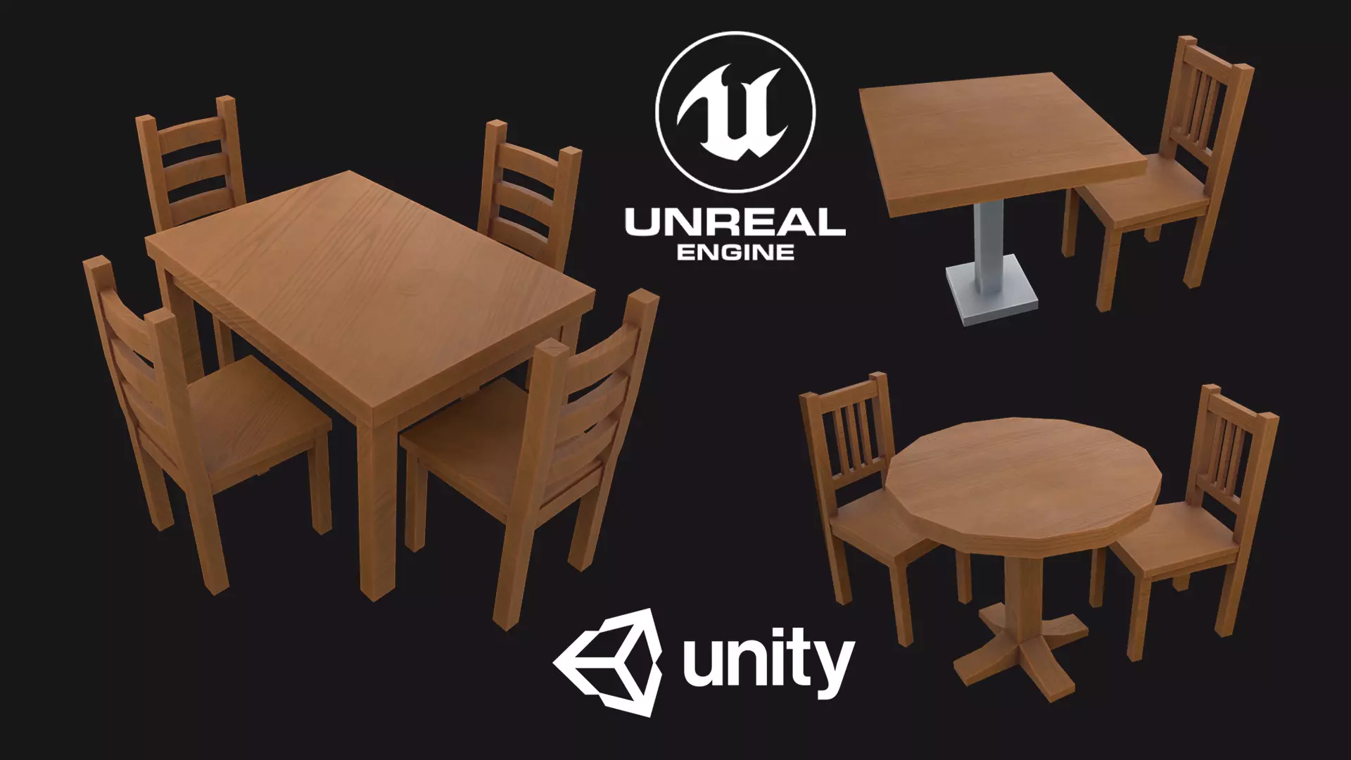 Dining Set four wooden chairs and table Low-poly 3D model_0