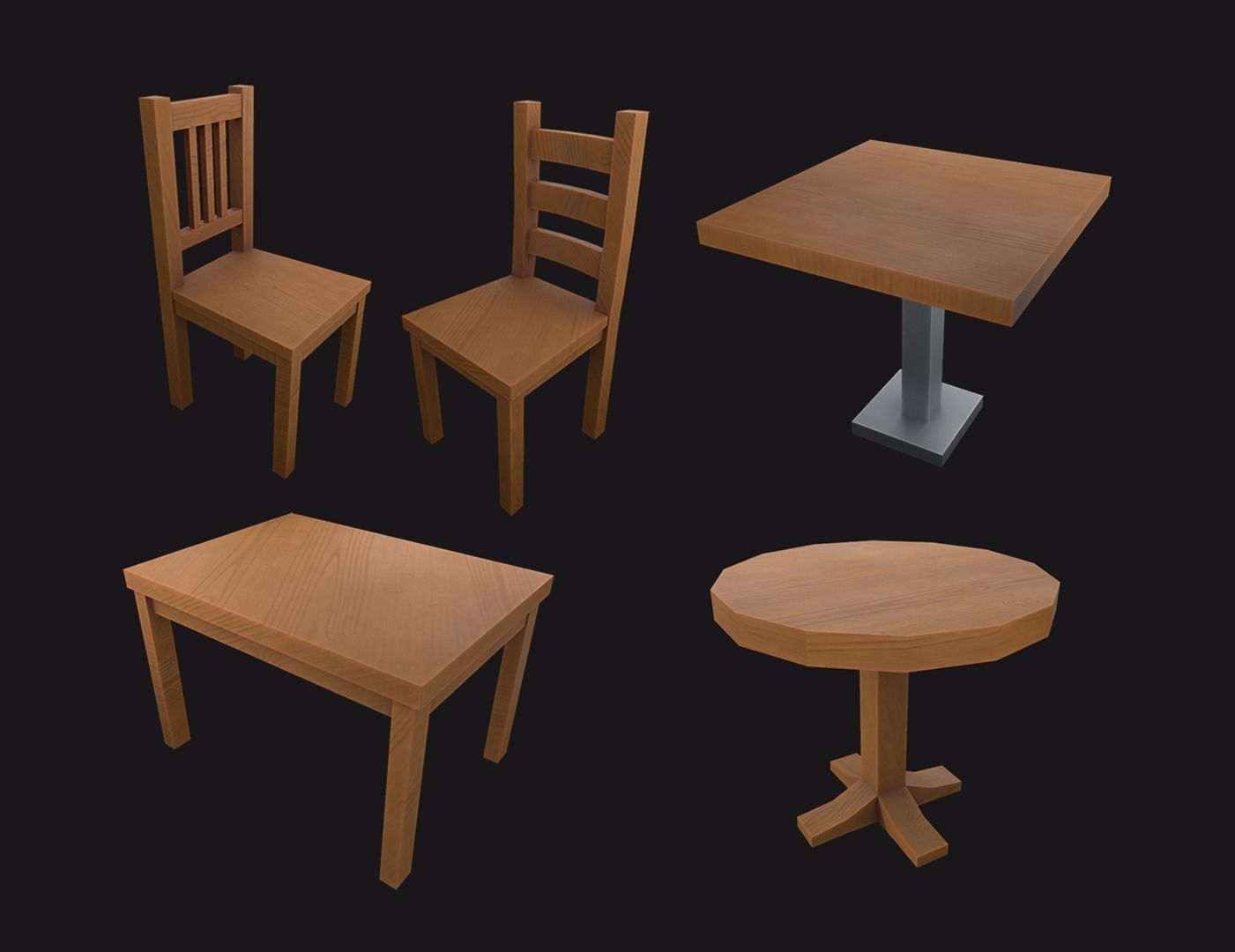 Dining Set four wooden chairs and table Low-poly 3D model_5
