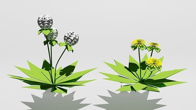 Origami Floating Dandelion and Dandelion Flower Low-poly 3D model