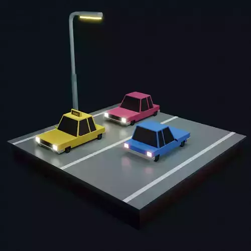 Low poly Car three colorful cars on street Low-poly 3D model