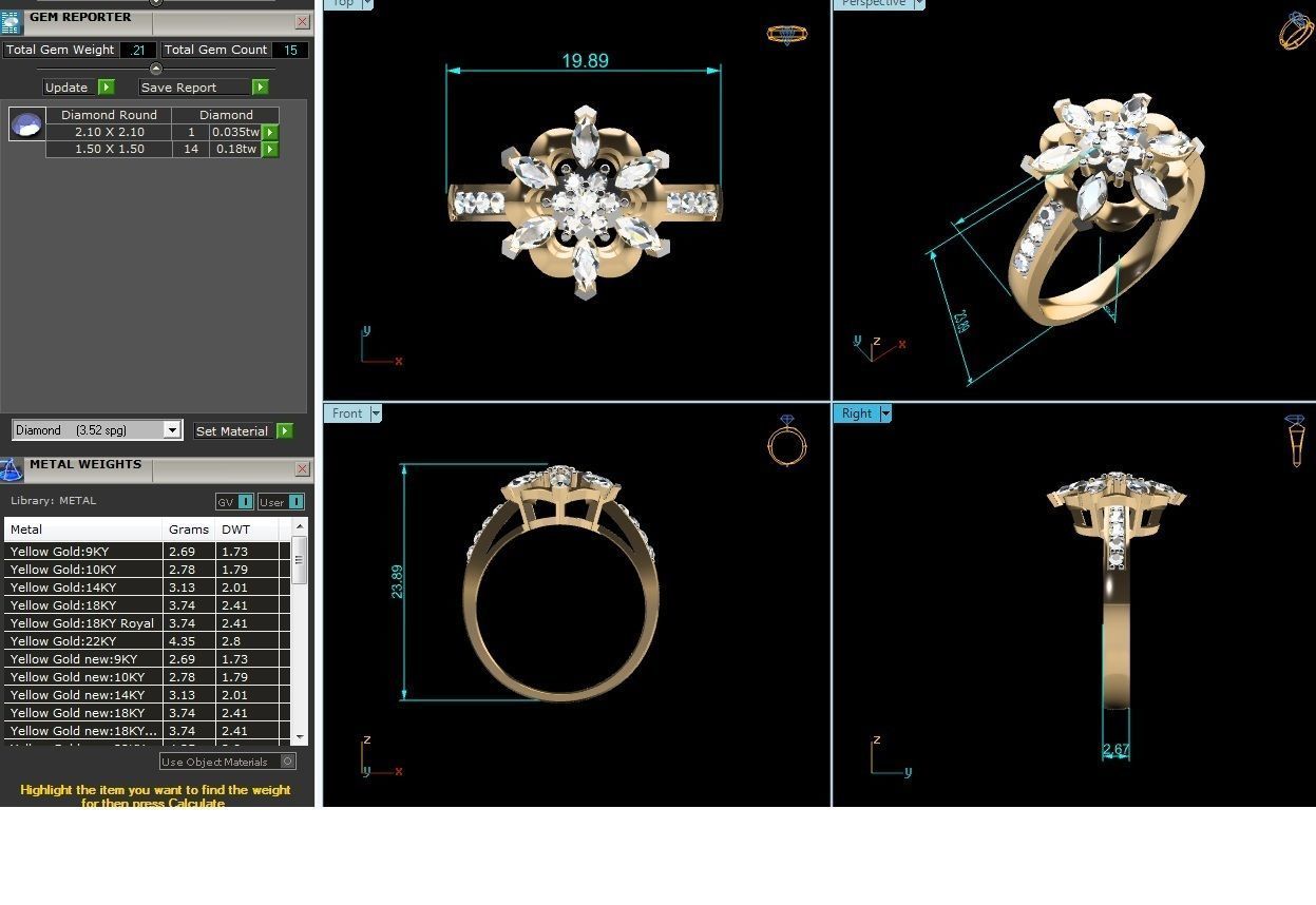 ring-8772 diamond flower ring gold 3D print model_6