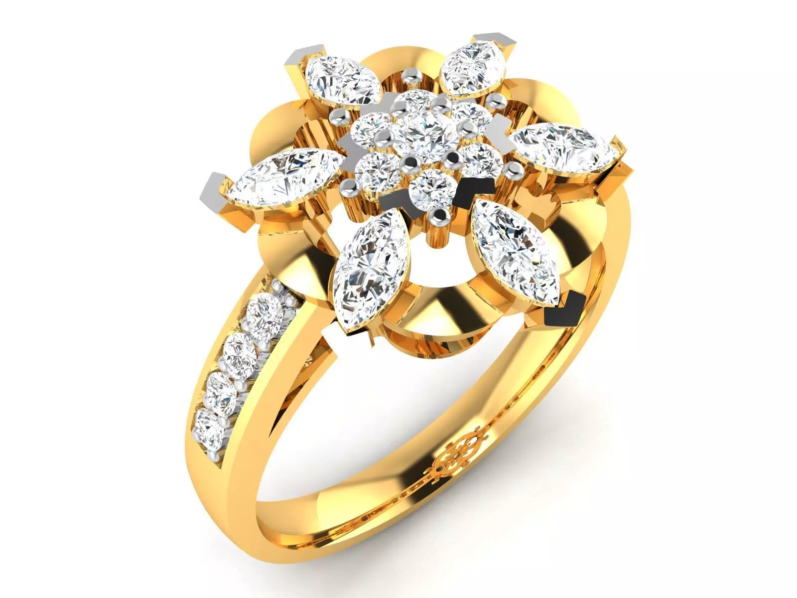 ring-8772 diamond flower ring gold 3D print model_0