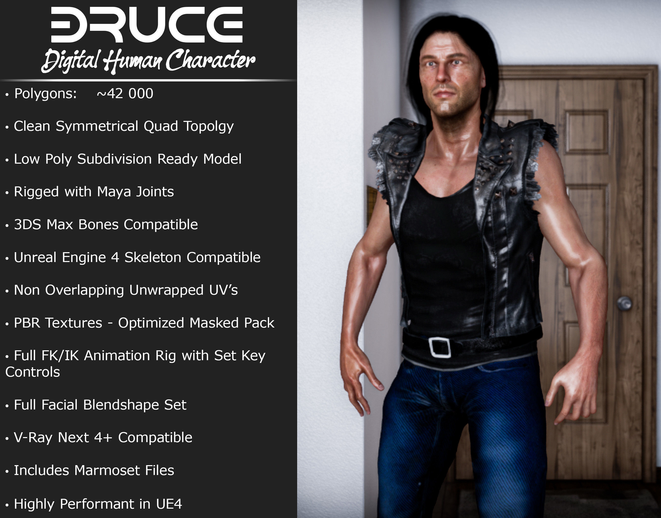 Game Ready Realistic Human Male Man Character Bruce Low-poly 3D model_3