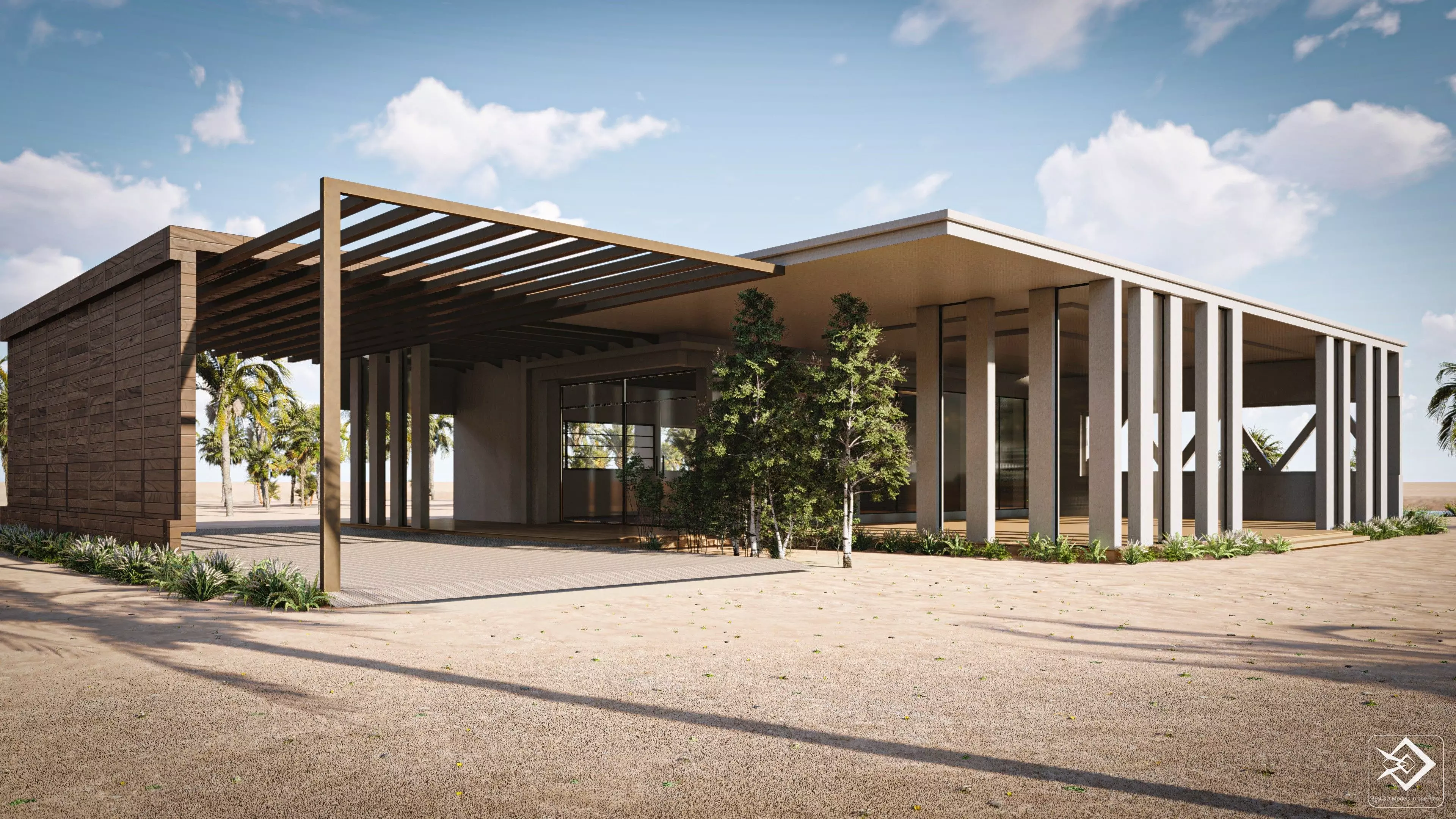 Cabin modern house in middle of desert Low-poly 3D model_0