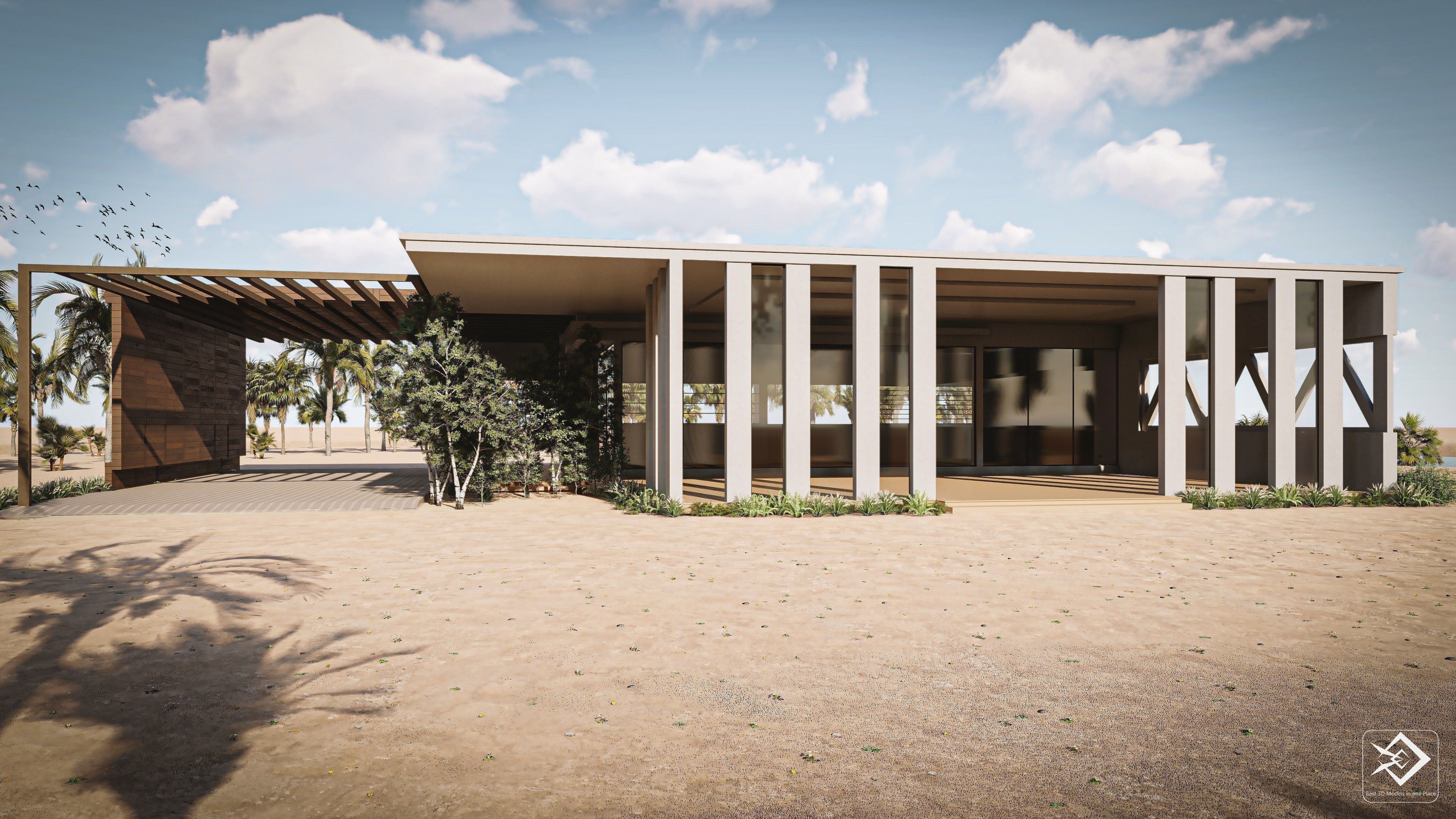 Cabin modern house in middle of desert Low-poly 3D model_1