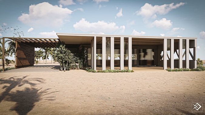 Cabin modern house in middle of desert Low-poly 3D model 2