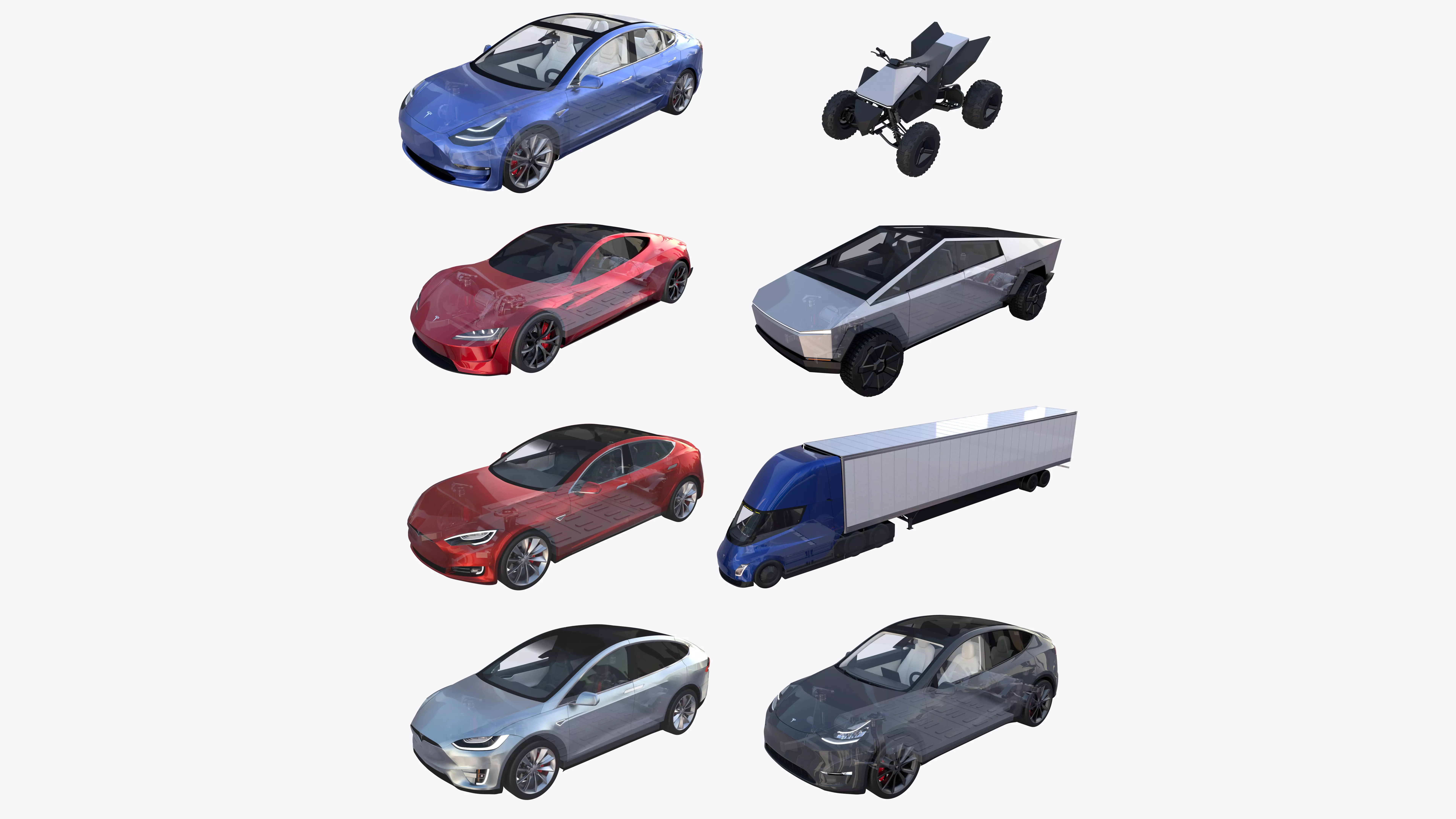 Full Tesla 2020 Vehicle Lineup with interiors and chassis 3D model_0