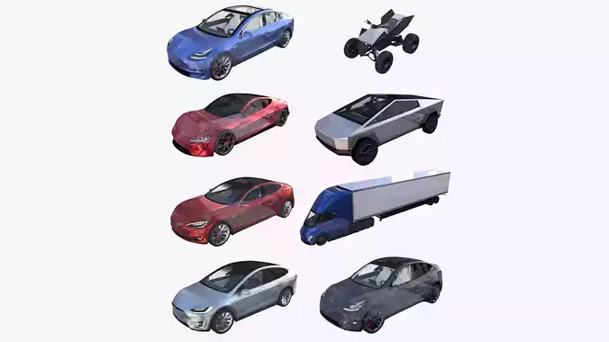 Full Tesla 2020 Vehicle Lineup with interiors and chassis 3D model