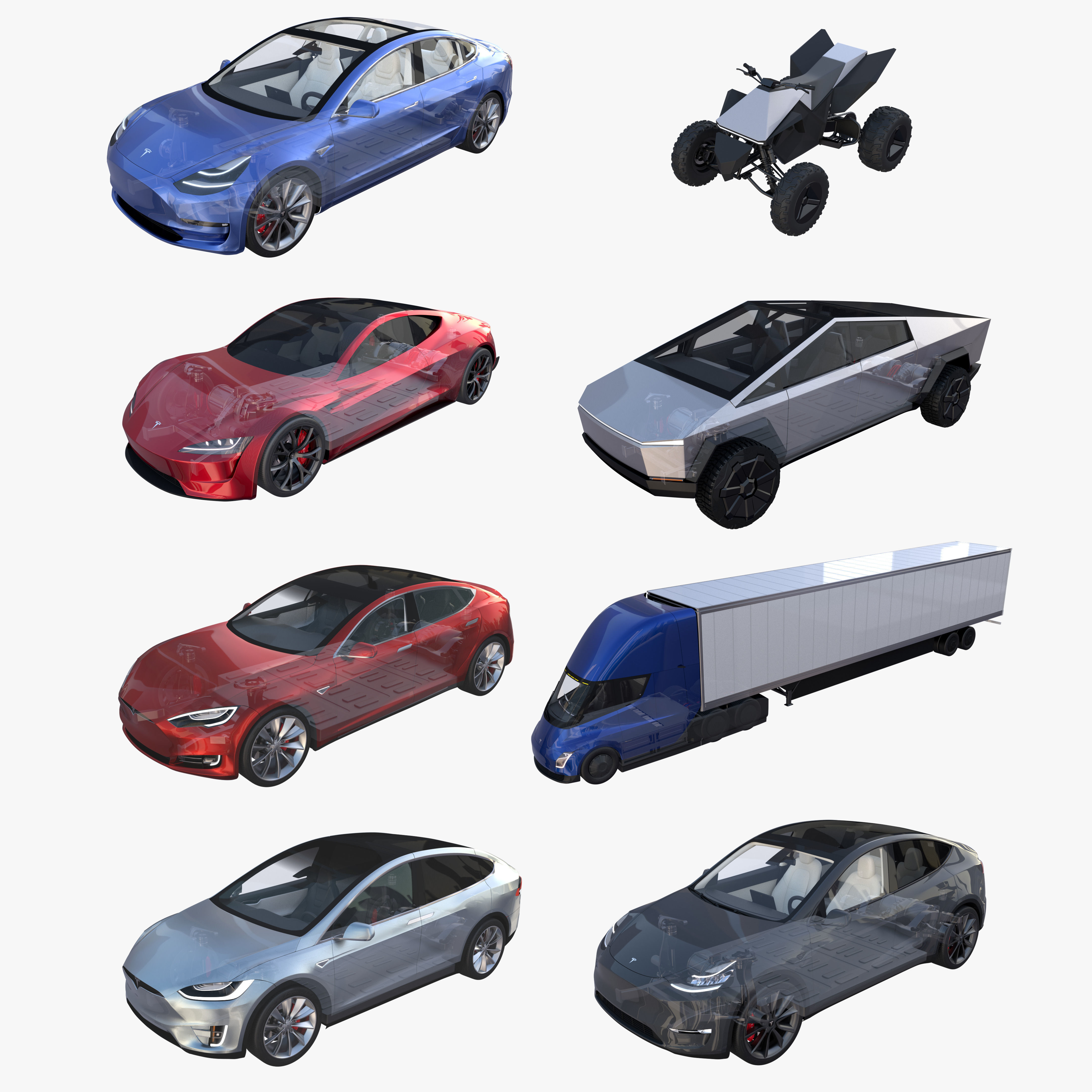 Full Tesla 2020 Vehicle Lineup with interiors and chassis 3D model_1