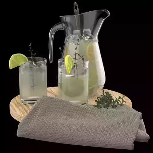 Lemonade set pitcher of with lime slices and towel 3D model