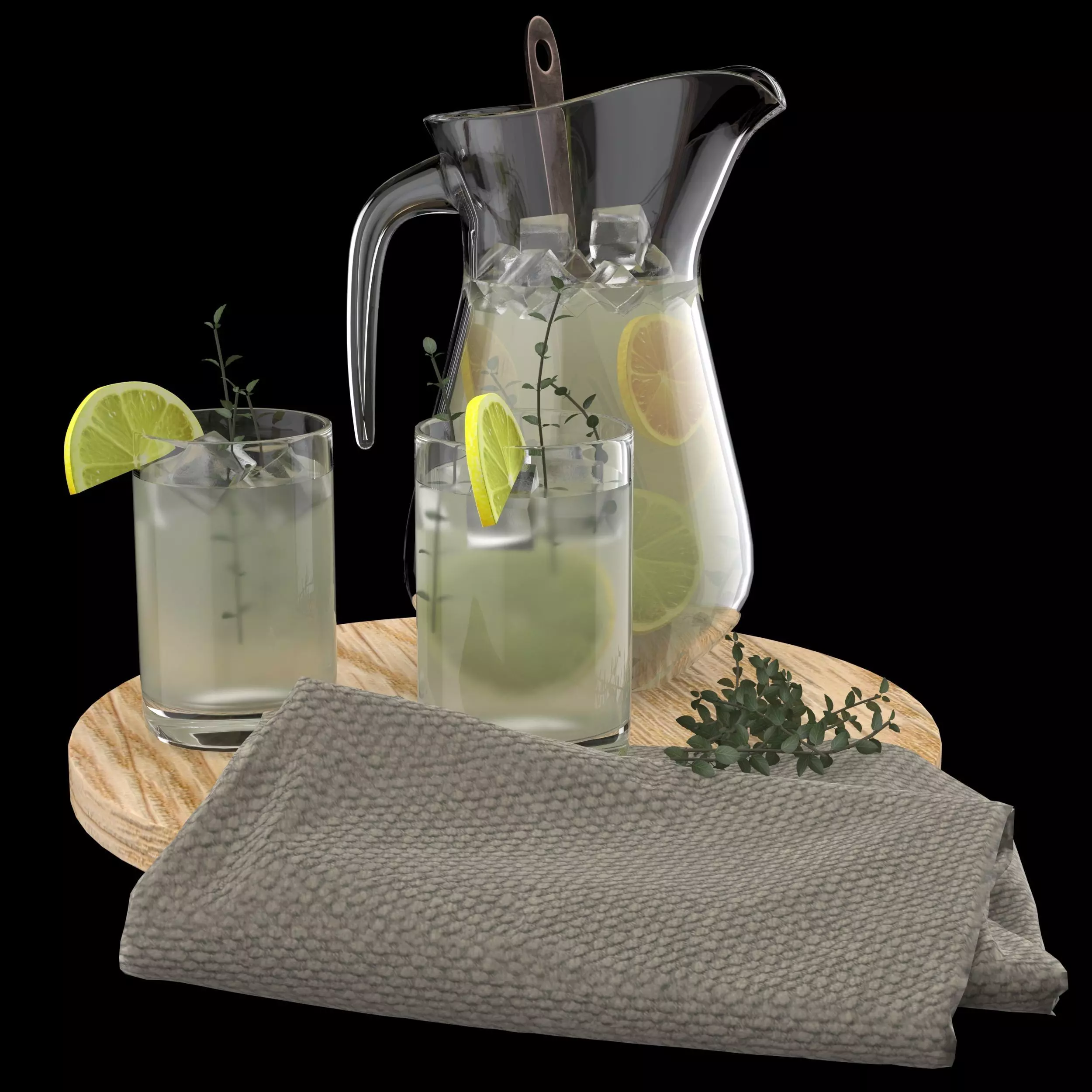 Lemonade set pitcher of with lime slices and towel 3D model
