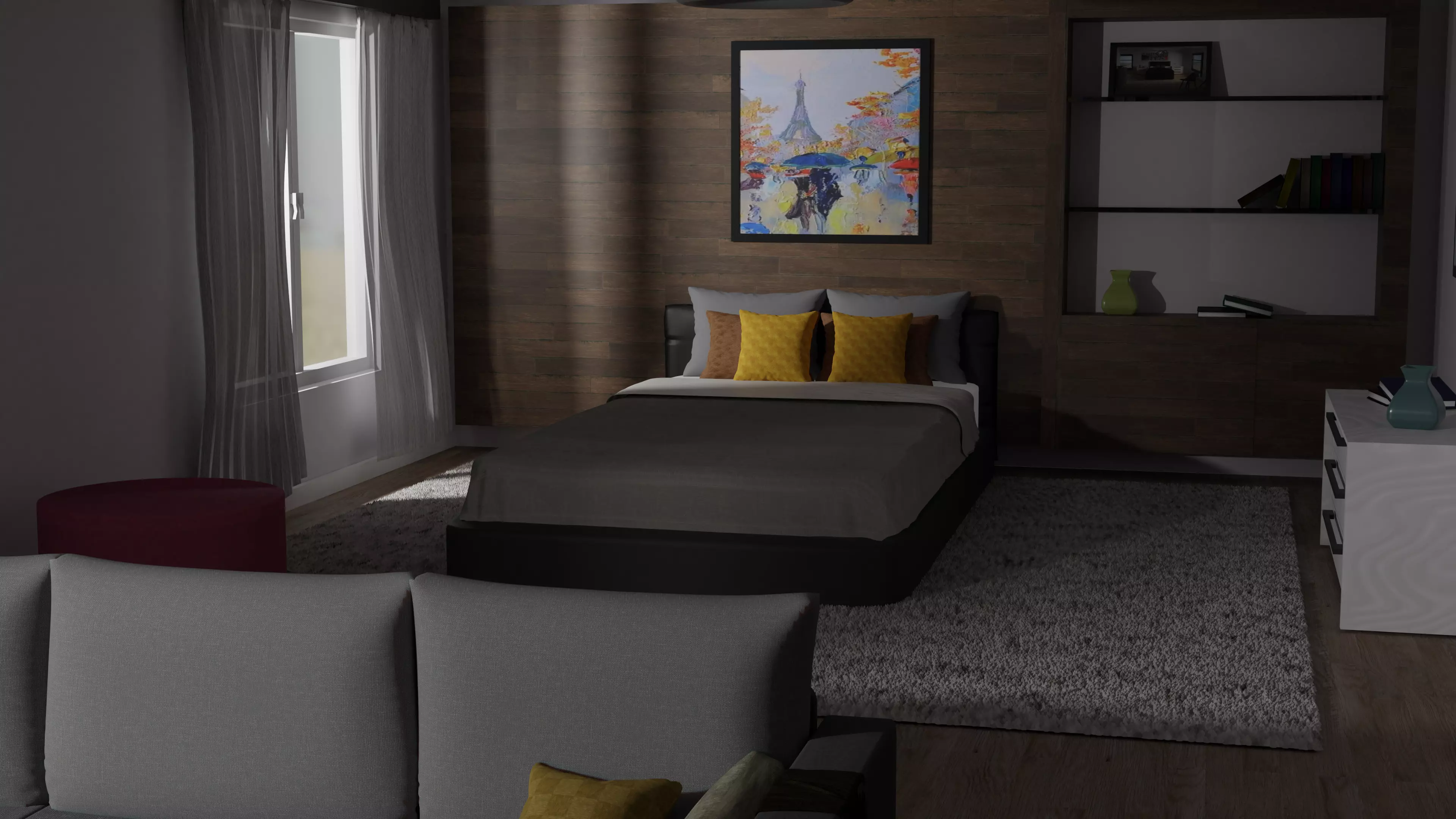 Bedroom room with couch and table 3D model