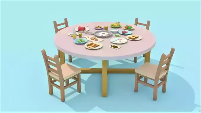 Low-poly dining table with food - cartoon table