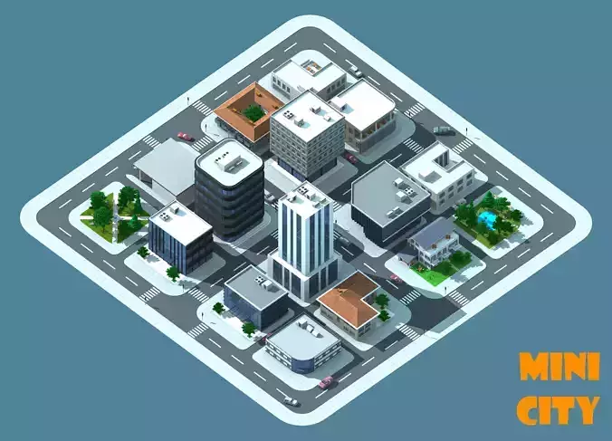 Mini City with 14 different building types 3D model