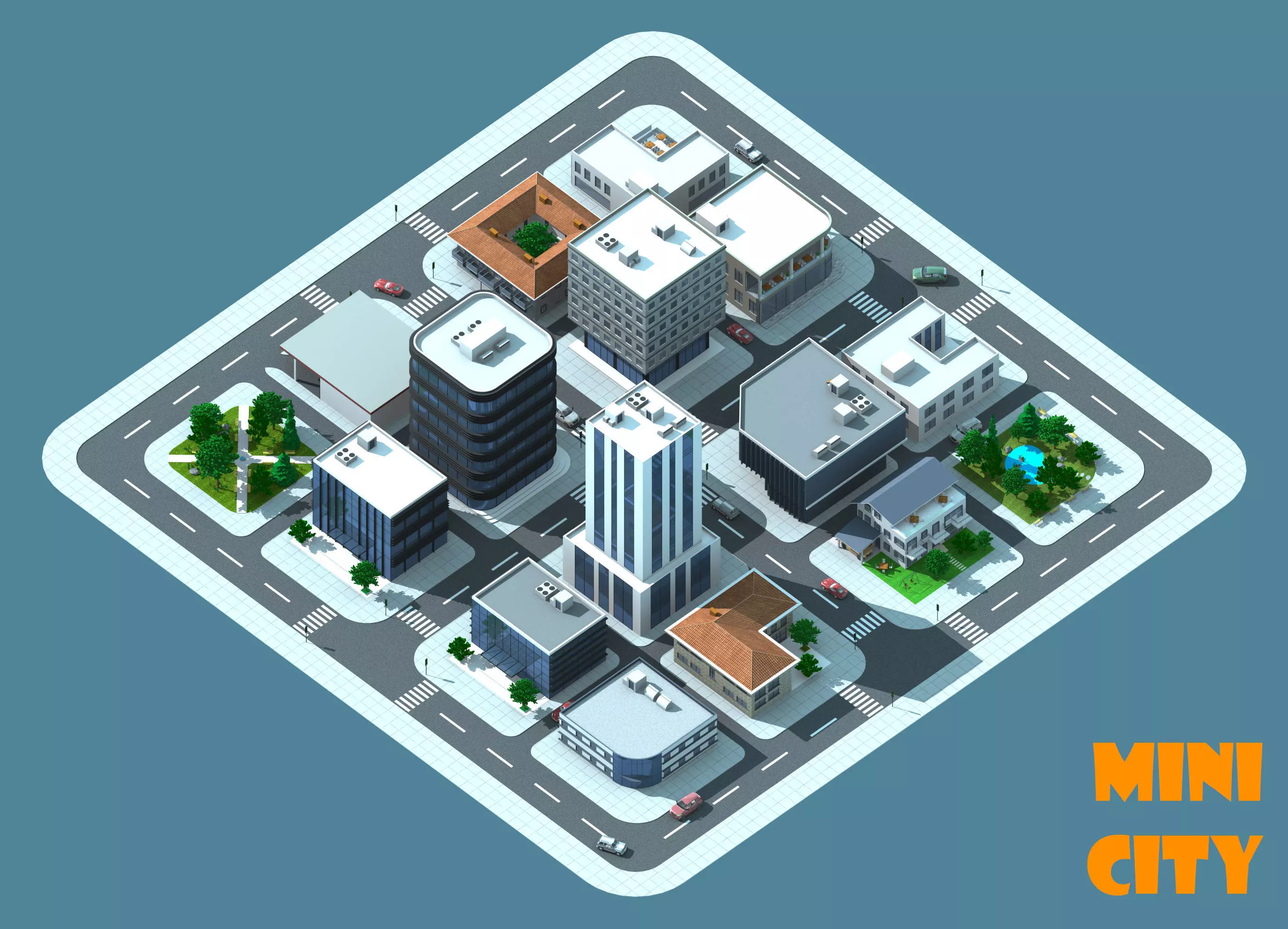 Mini City with 14 different building types 3D model_0