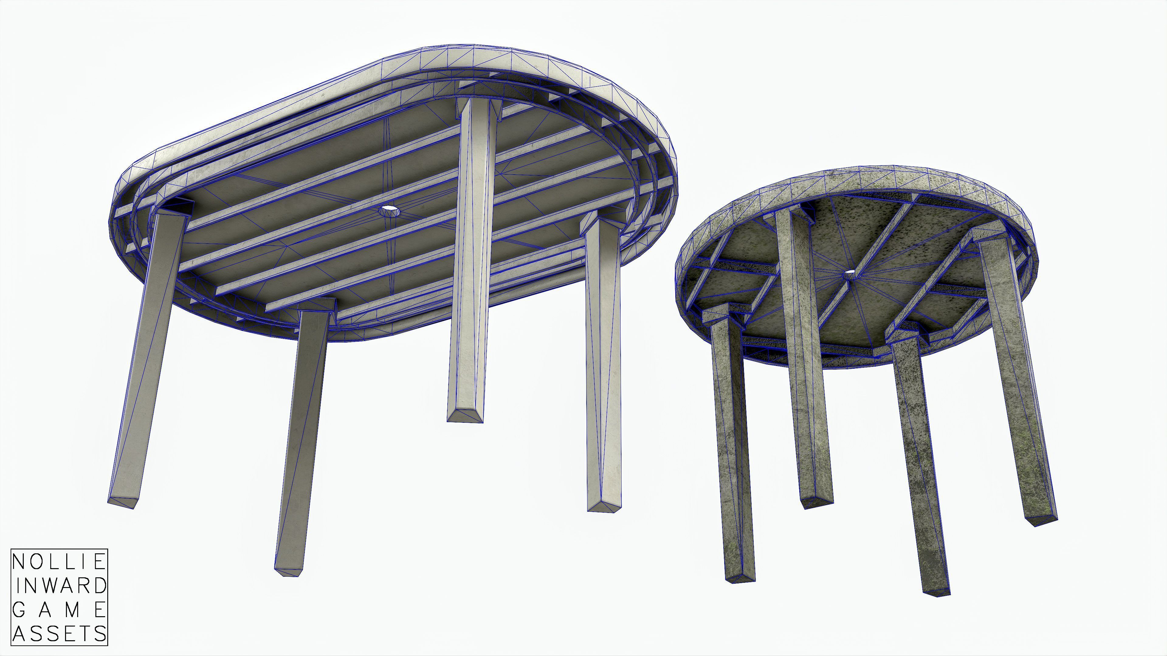 Garden Plastic Tables White - Long and Round Low-poly 3D model_14