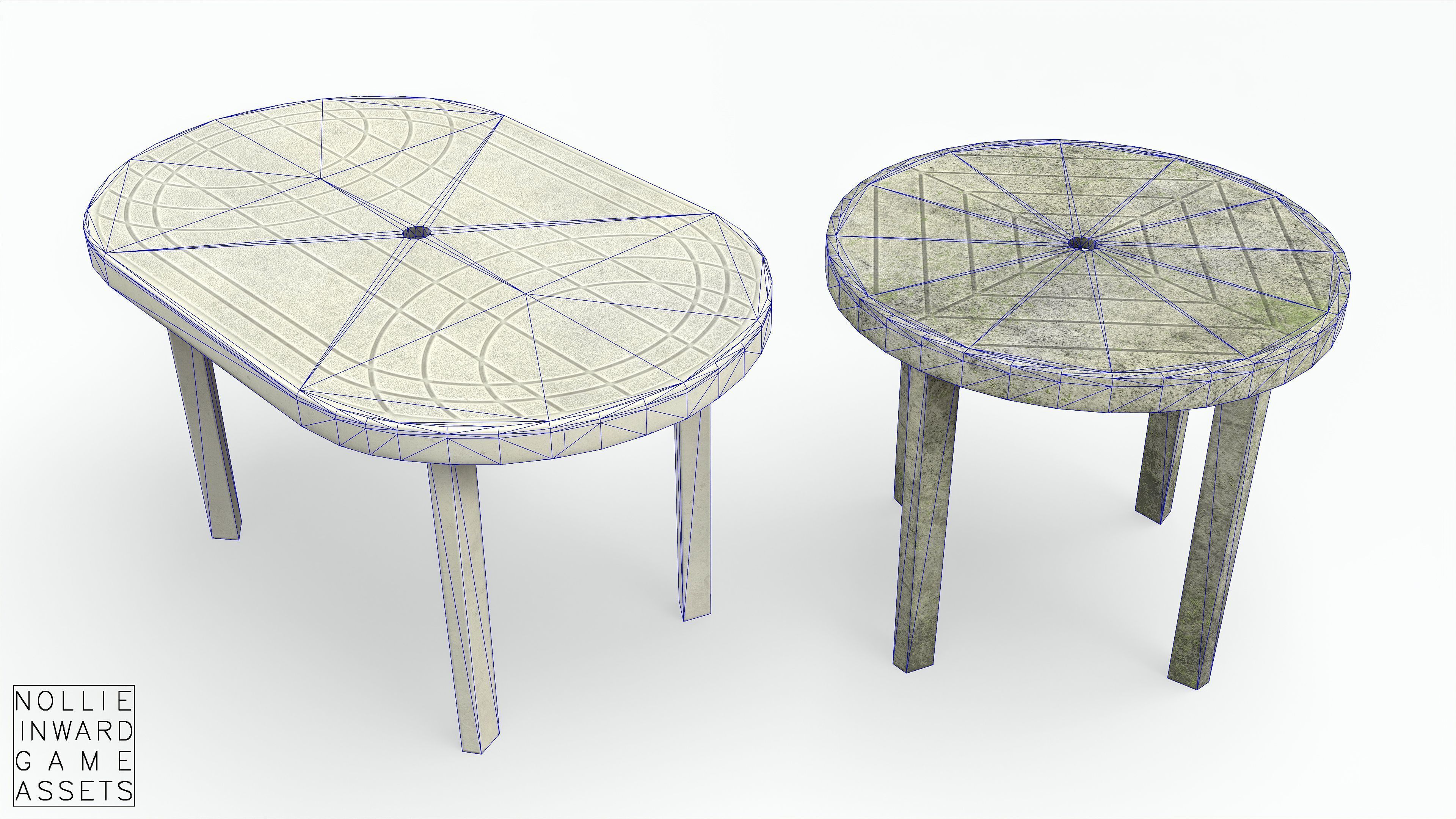 Garden Plastic Tables White - Long and Round Low-poly 3D model_13