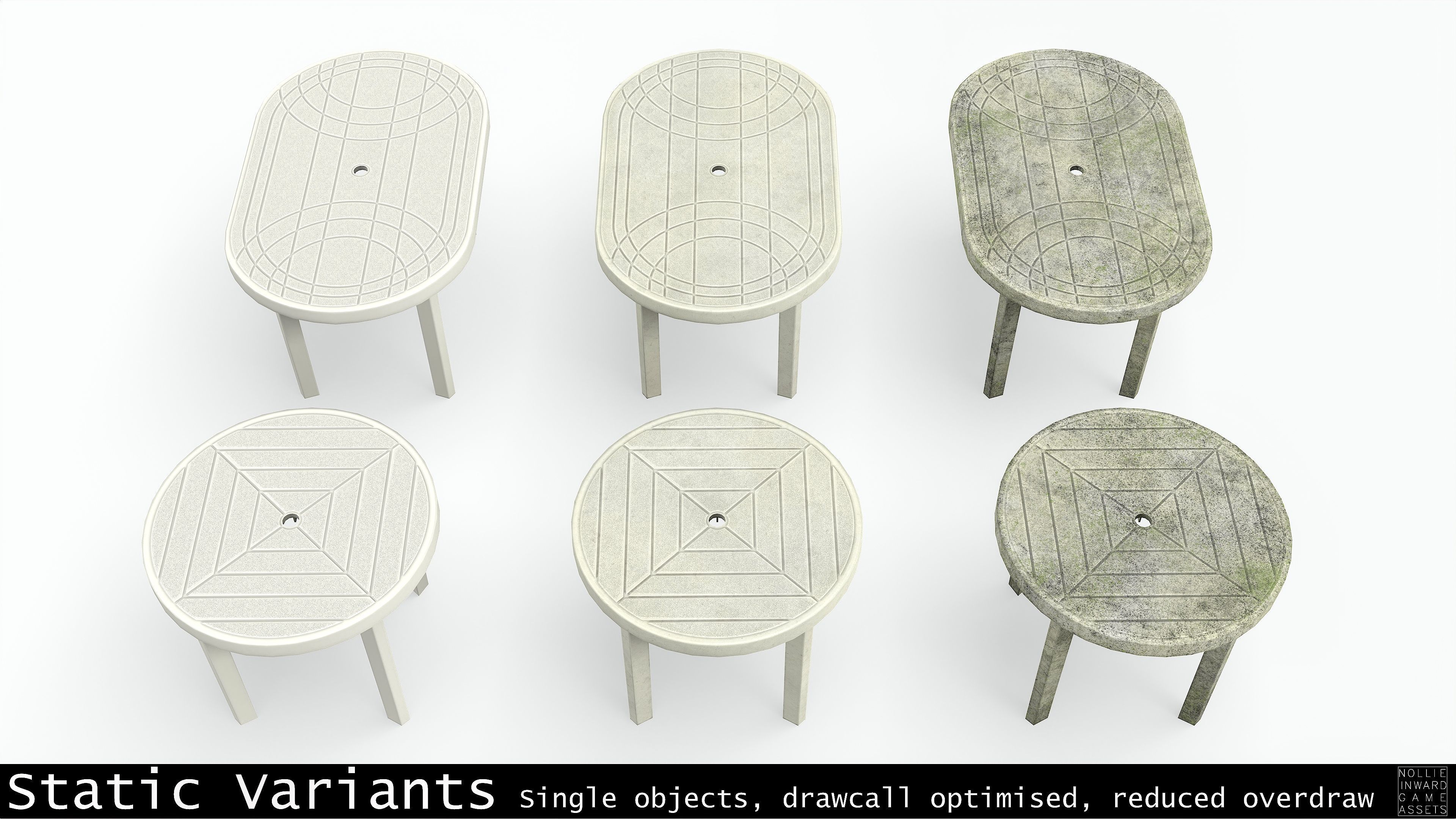 Garden Plastic Tables White - Long and Round Low-poly 3D model_4