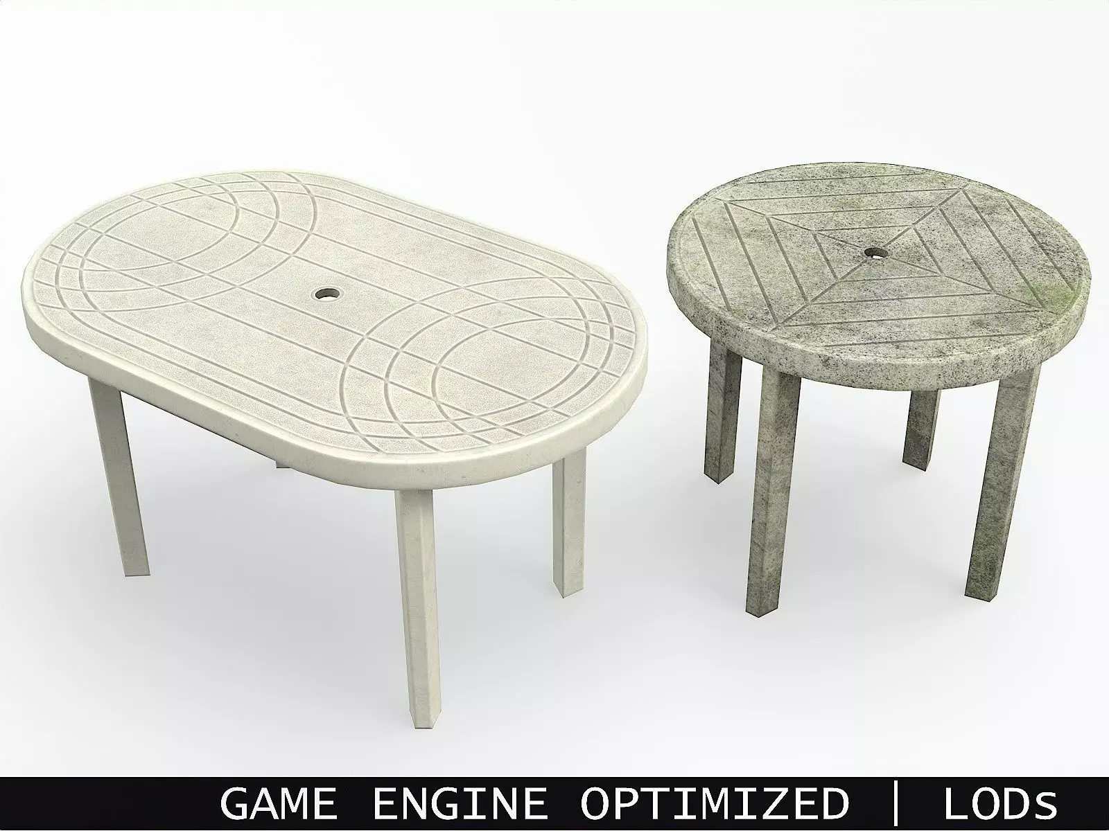 Garden Plastic Tables White - Long and Round Low-poly 3D model_0