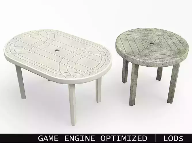 Garden Plastic Tables White - Long and Round Low-poly 3D model