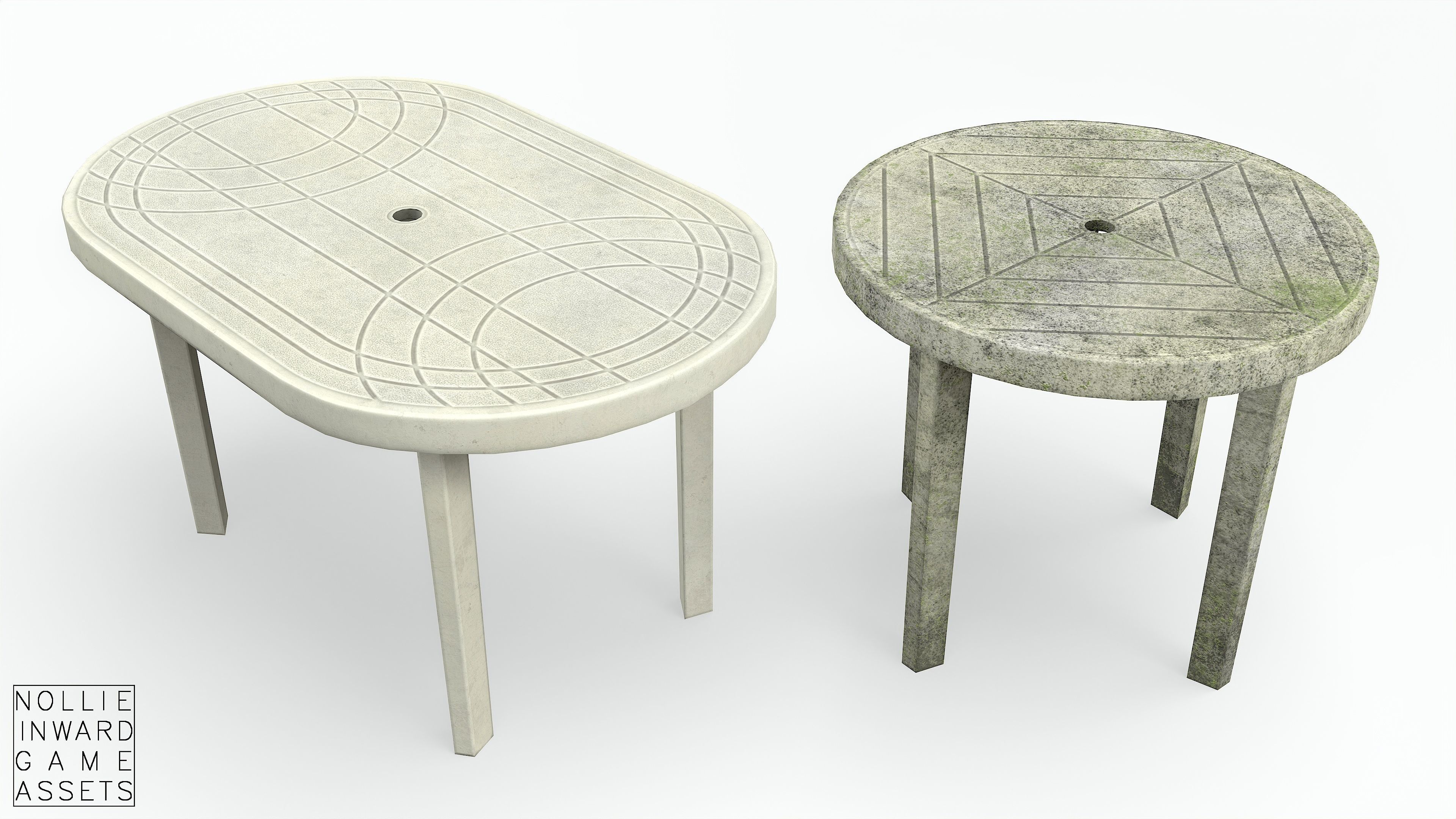 Garden Plastic Tables White - Long and Round Low-poly 3D model_3