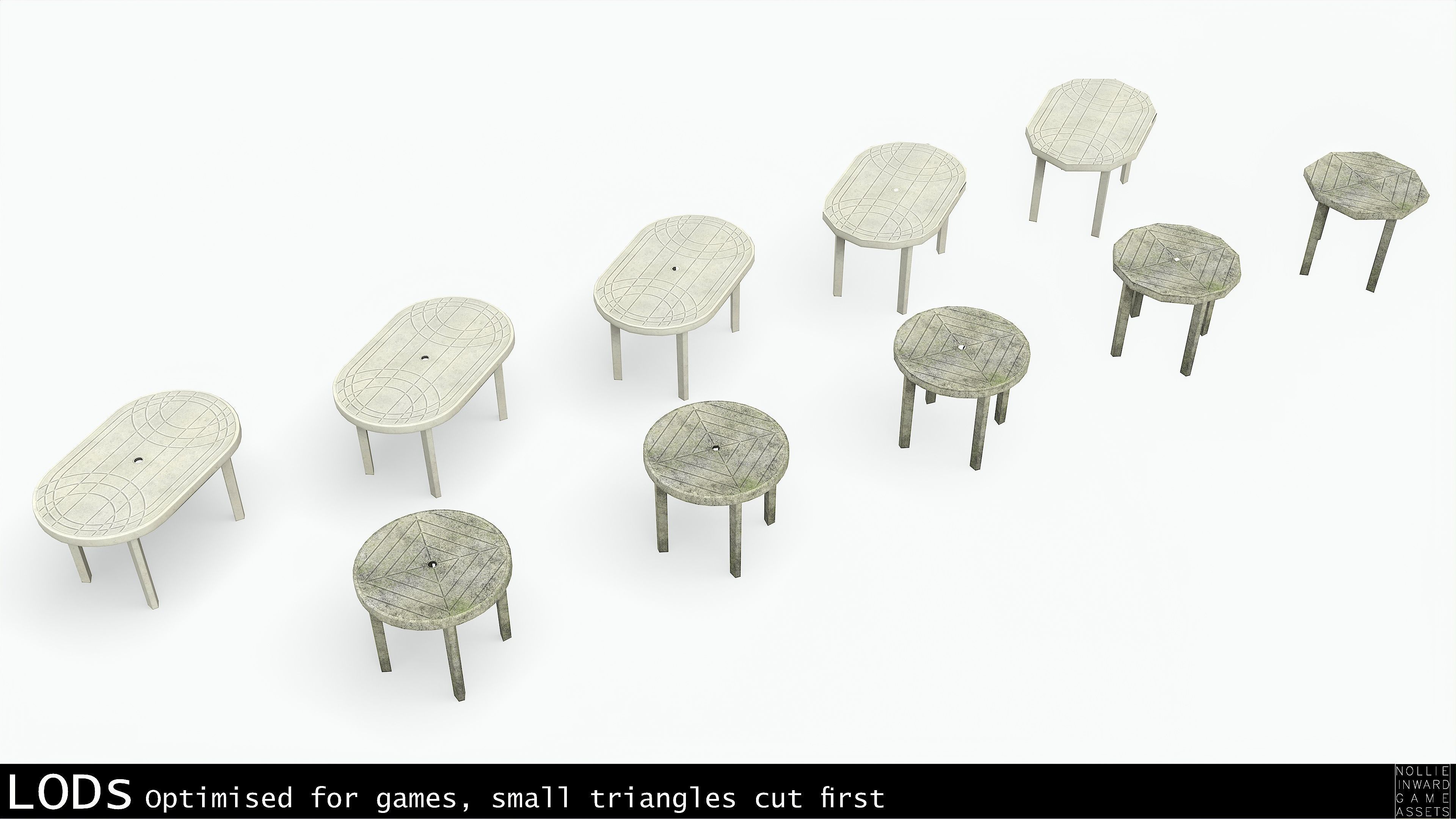 Garden Plastic Tables White - Long and Round Low-poly 3D model_2
