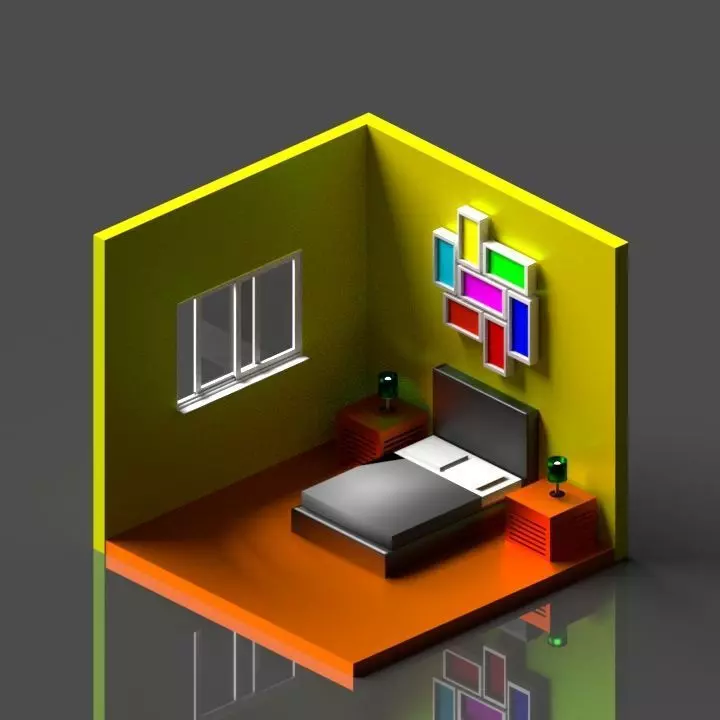 LowPoly Bedroom room with bed and lamp Free low-poly 3D model