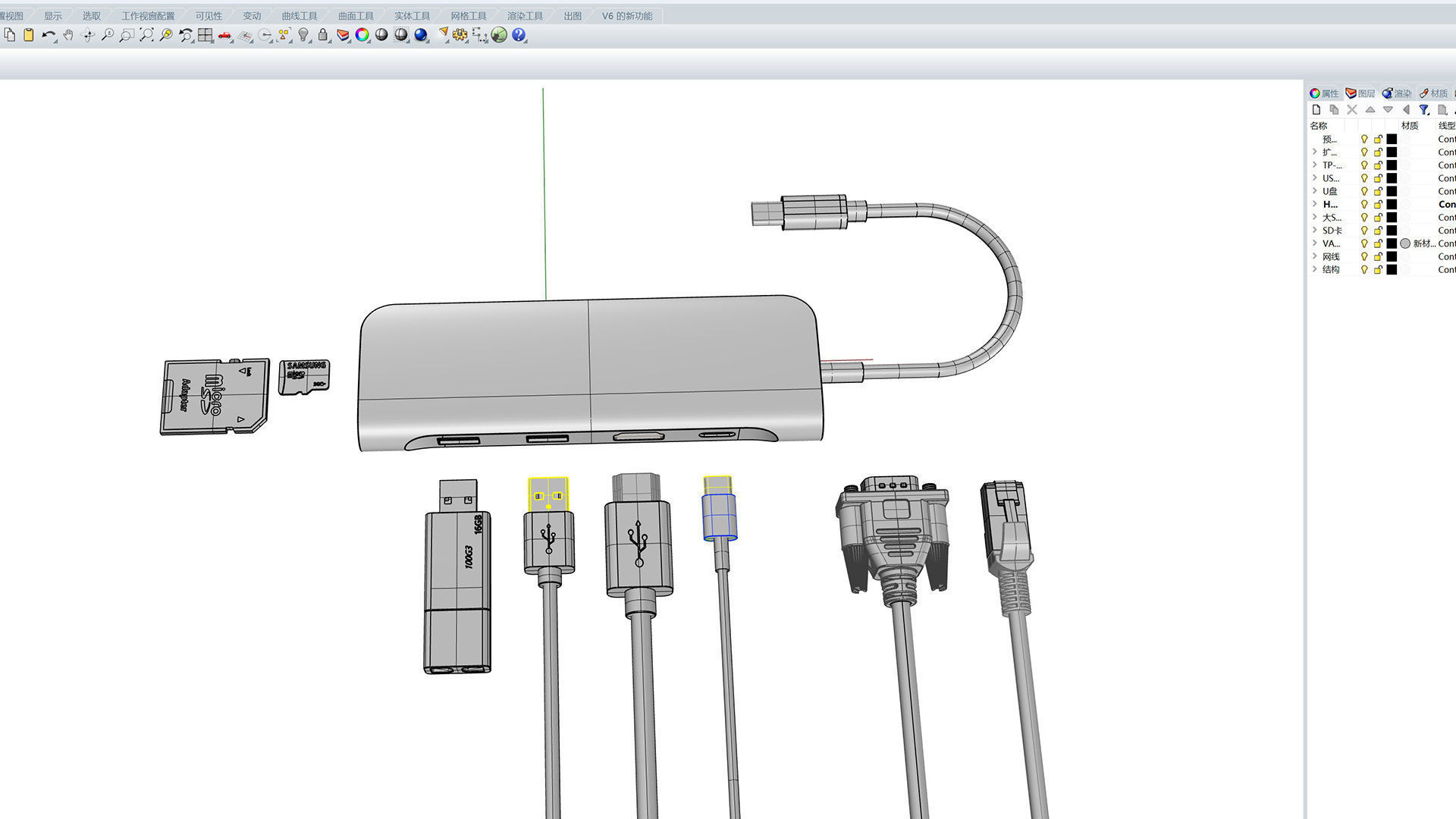 Network Cable Head SD Card Data Cable VGA HDMI Docking station 3D model_12